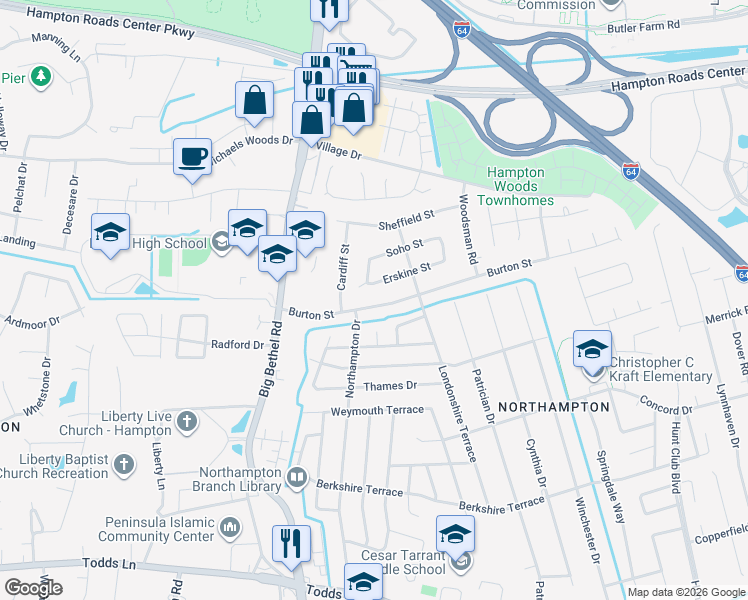 map of restaurants, bars, coffee shops, grocery stores, and more near 819 Burton Street in Hampton