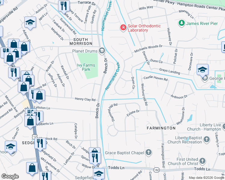 map of restaurants, bars, coffee shops, grocery stores, and more near 7 Enscore Court in Hampton