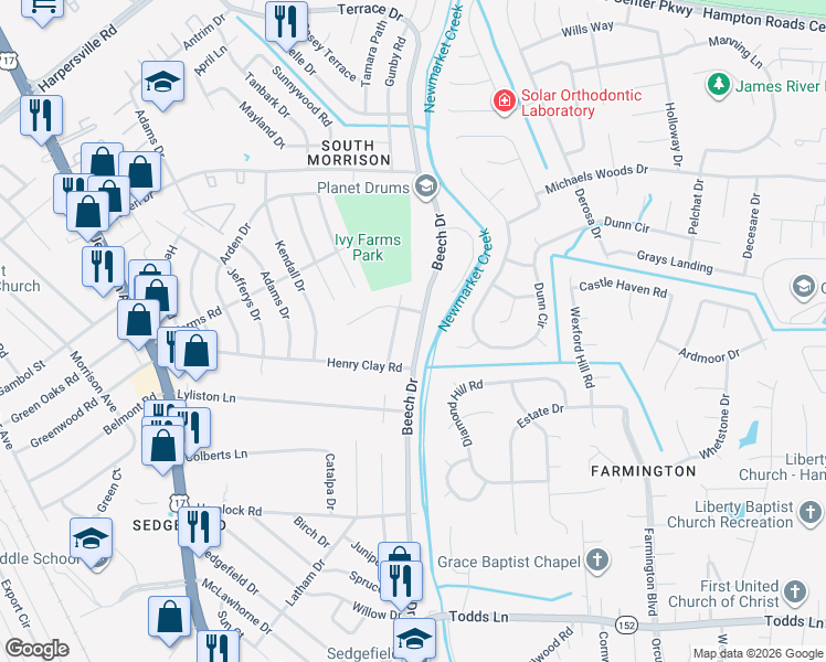 map of restaurants, bars, coffee shops, grocery stores, and more near 548 Beech Drive in Newport News