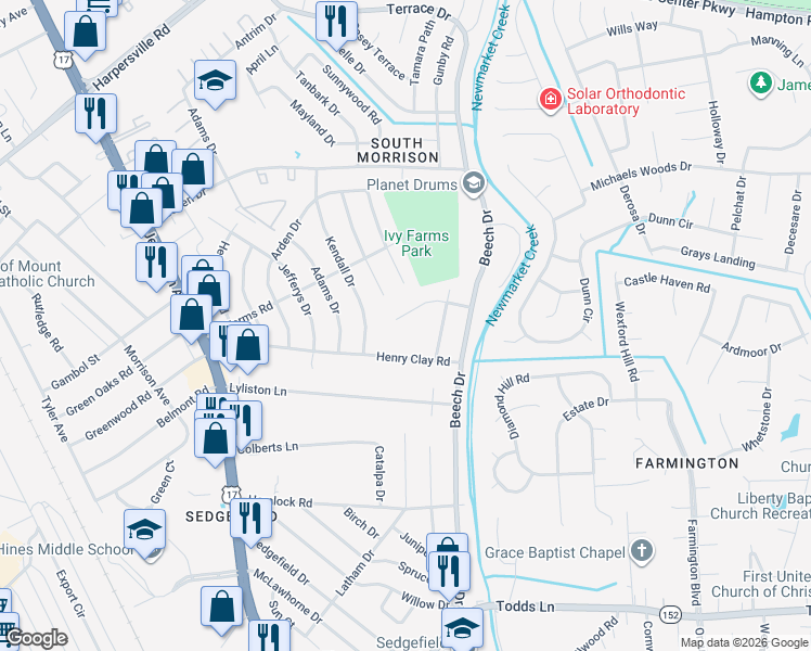 map of restaurants, bars, coffee shops, grocery stores, and more near 151 Henry Clay Road in Newport News