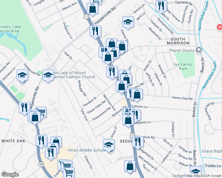 map of restaurants, bars, coffee shops, grocery stores, and more near 15 Green Oaks Road in Newport News