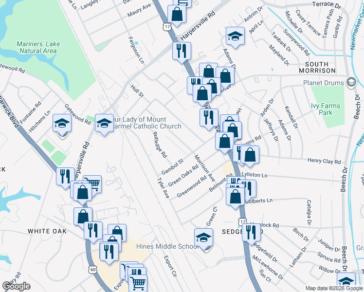 map of restaurants, bars, coffee shops, grocery stores, and more near 103 Pescara Lane in Newport News