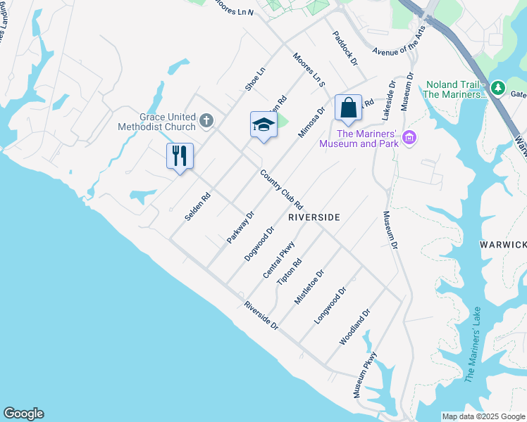 map of restaurants, bars, coffee shops, grocery stores, and more near 203 Dogwood Drive in Newport News