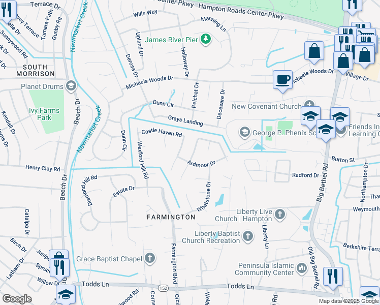 map of restaurants, bars, coffee shops, grocery stores, and more near 36 Kenilworth Drive in Hampton