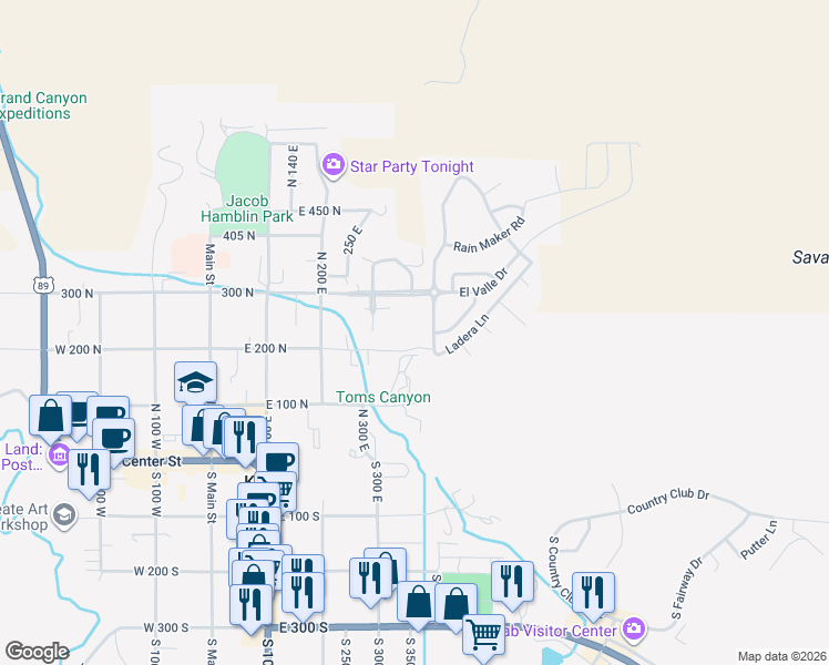 map of restaurants, bars, coffee shops, grocery stores, and more near 300 North 300 East in Kanab
