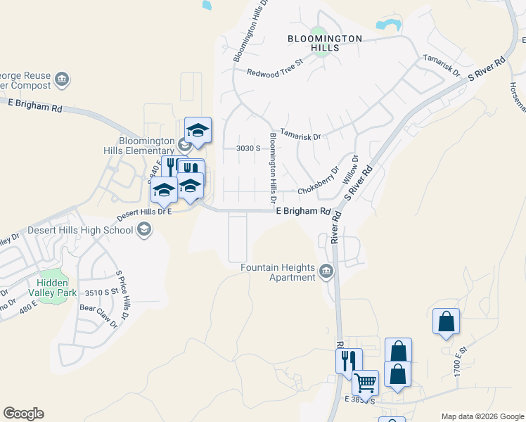 map of restaurants, bars, coffee shops, grocery stores, and more near 1130 East Brigham Road in St. George