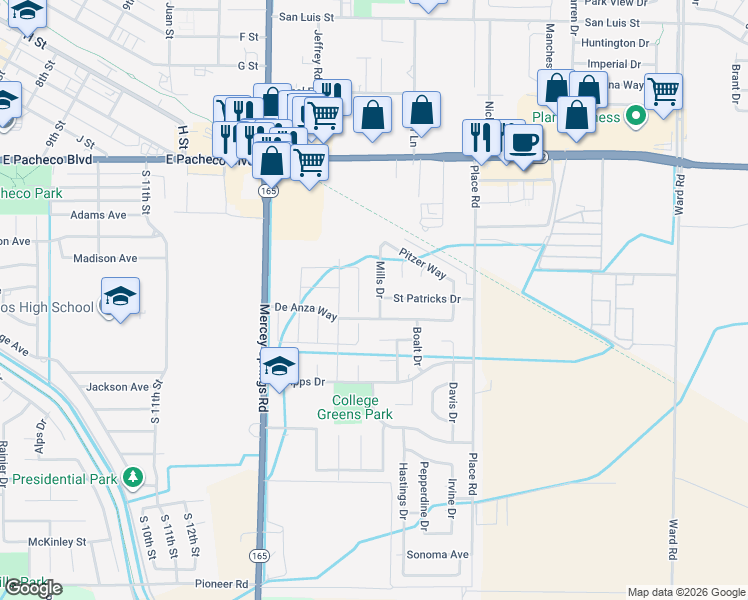 map of restaurants, bars, coffee shops, grocery stores, and more near 1791 Mills Drive in Los Banos