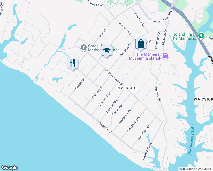 map of restaurants, bars, coffee shops, grocery stores, and more near 203 Dogwood Drive in Newport News