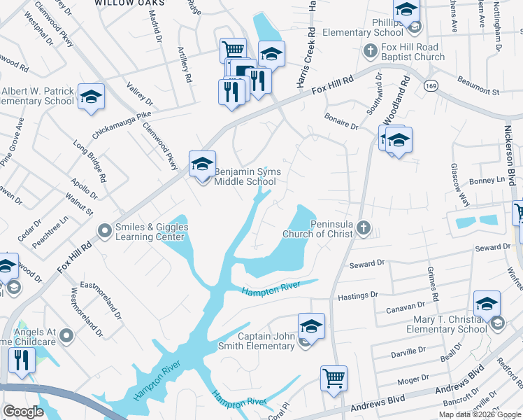 map of restaurants, bars, coffee shops, grocery stores, and more near 333 Green Spring Court in Hampton