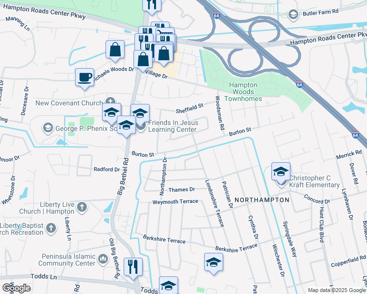 map of restaurants, bars, coffee shops, grocery stores, and more near 808 Burton Street in Hampton