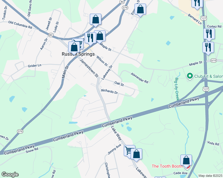 map of restaurants, bars, coffee shops, grocery stores, and more near 147-161 Richards Drive in Russell Springs