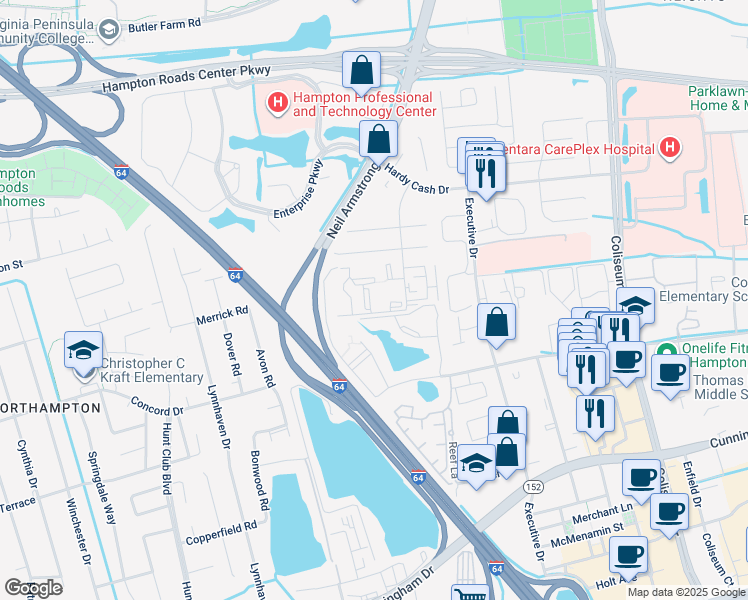 map of restaurants, bars, coffee shops, grocery stores, and more near 42 Wells Court in Hampton