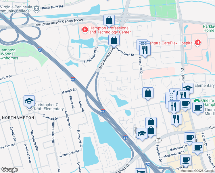 map of restaurants, bars, coffee shops, grocery stores, and more near 65 Wells Court in Hampton