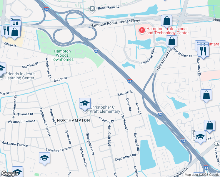 map of restaurants, bars, coffee shops, grocery stores, and more near 312 Bromsgrove Drive in Hampton
