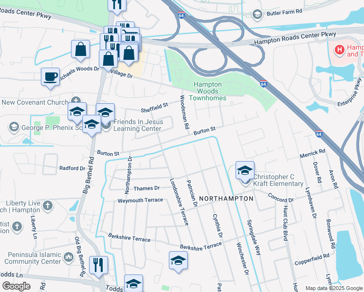 map of restaurants, bars, coffee shops, grocery stores, and more near 420 Patrician Drive in Hampton