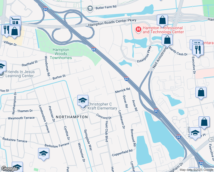 map of restaurants, bars, coffee shops, grocery stores, and more near 312 Bromsgrove Drive in Hampton