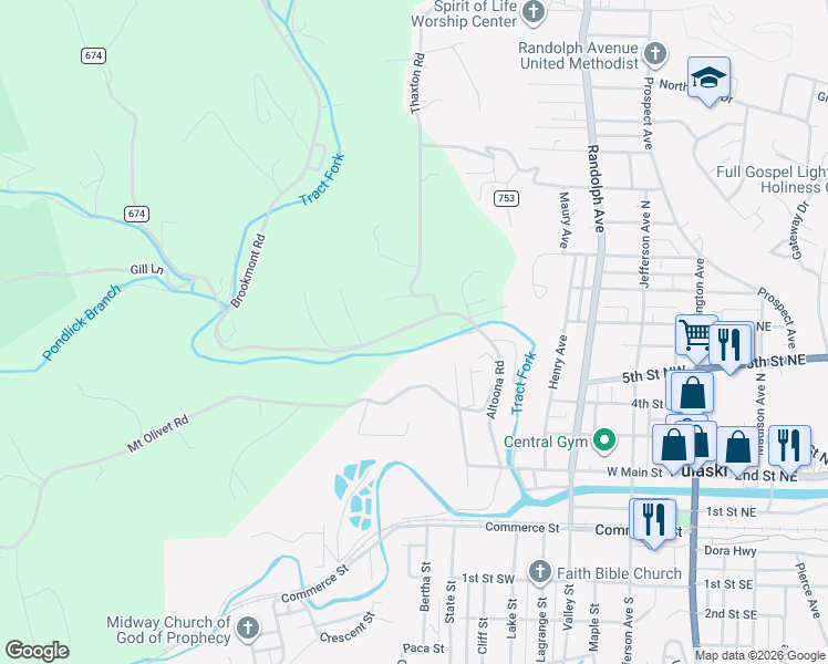 map of restaurants, bars, coffee shops, grocery stores, and more near 4057 Brookmont Road in Pulaski