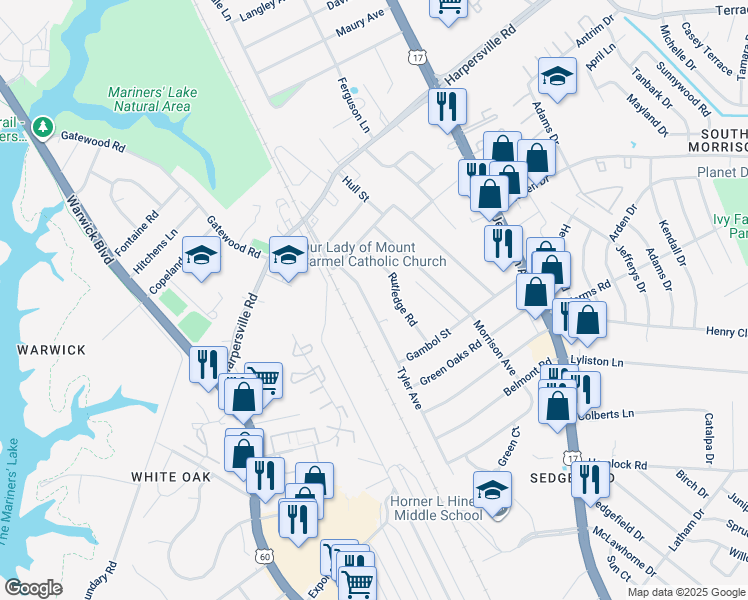 map of restaurants, bars, coffee shops, grocery stores, and more near 1220 Tyler Avenue in Newport News