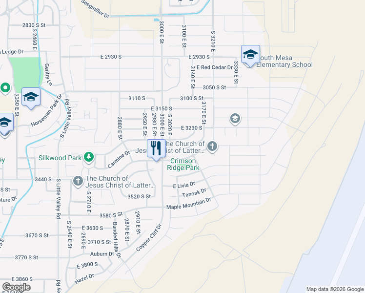 map of restaurants, bars, coffee shops, grocery stores, and more near 3097 Delany Drive in St. George
