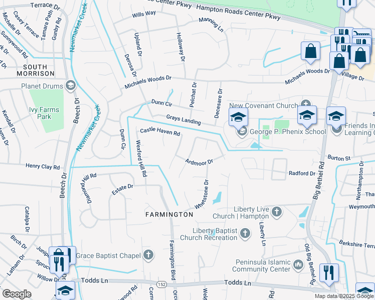 map of restaurants, bars, coffee shops, grocery stores, and more near 36 Kenilworth Drive in Hampton