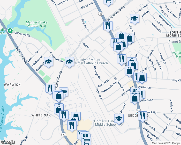 map of restaurants, bars, coffee shops, grocery stores, and more near 1220 Tyler Avenue in Newport News