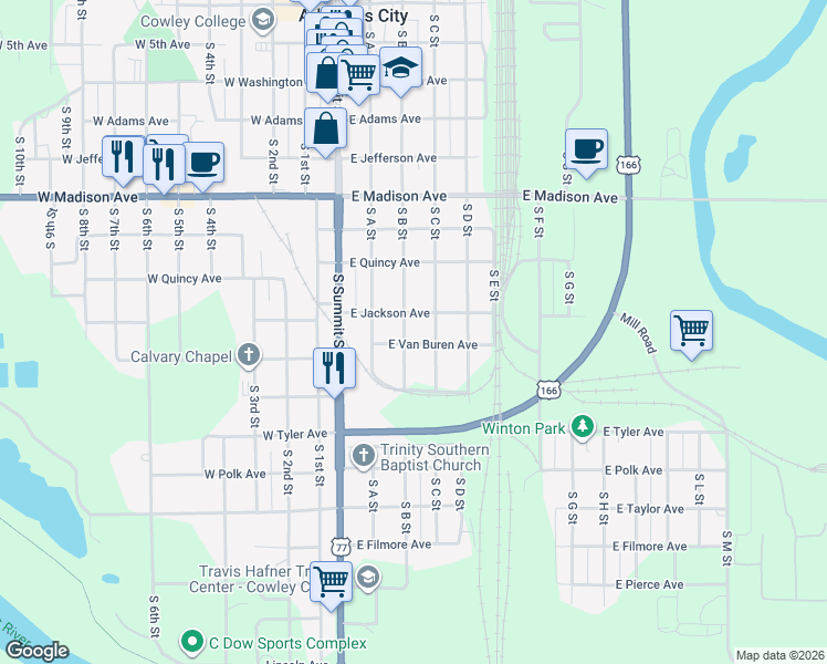 map of restaurants, bars, coffee shops, grocery stores, and more near 1007 South B Street in Arkansas City