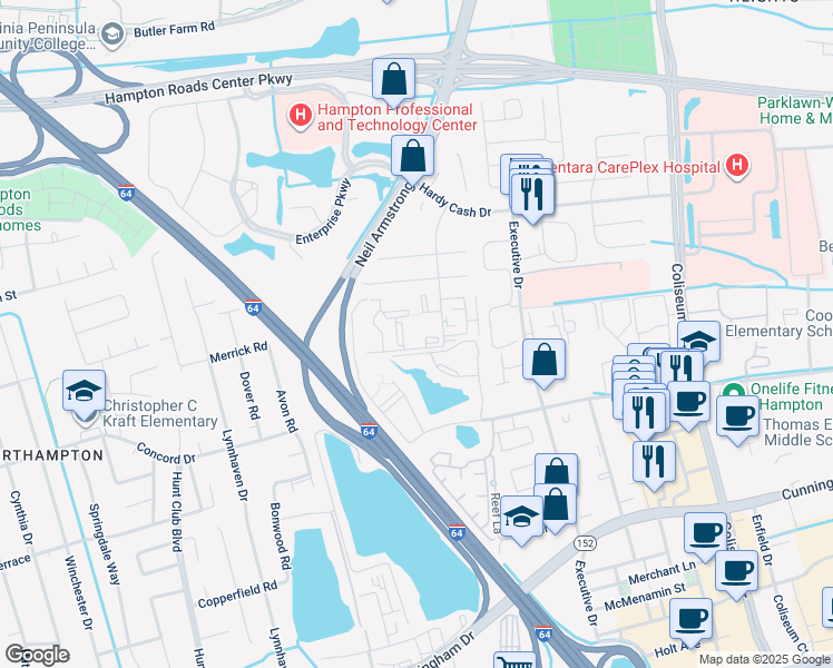map of restaurants, bars, coffee shops, grocery stores, and more near 45 Davenport Court in Hampton