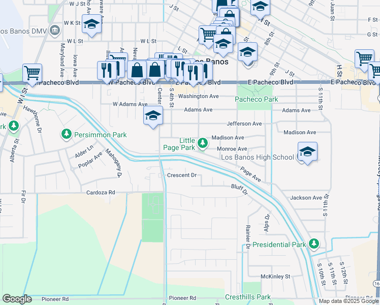 map of restaurants, bars, coffee shops, grocery stores, and more near in Los Banos