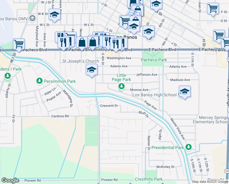 map of restaurants, bars, coffee shops, grocery stores, and more near 579 Page Avenue in Los Banos