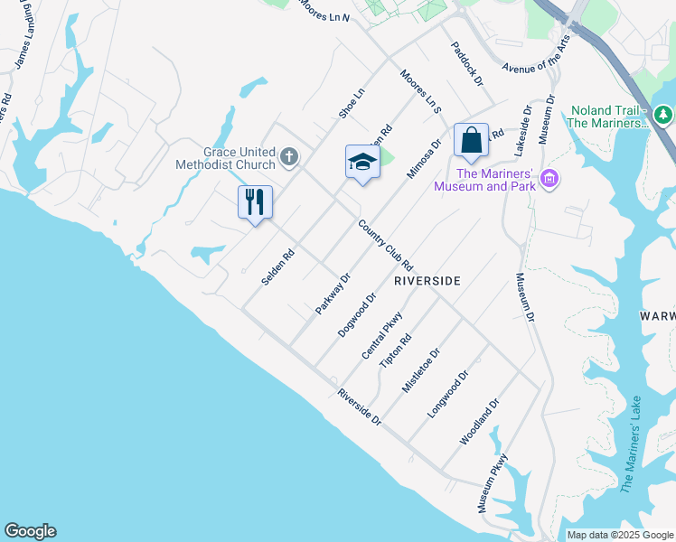 map of restaurants, bars, coffee shops, grocery stores, and more near 201 Parkway Drive in Newport News