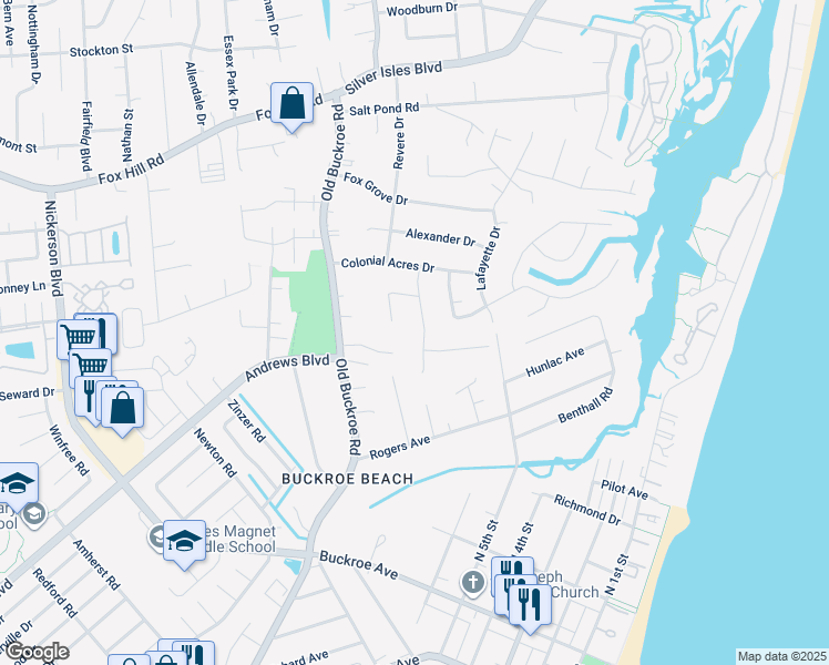 map of restaurants, bars, coffee shops, grocery stores, and more near 22 Fields Drive in Hampton
