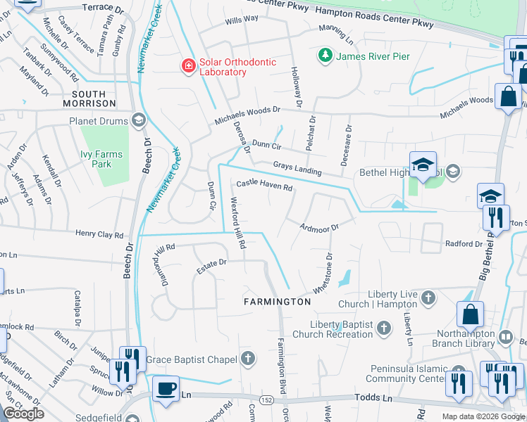 map of restaurants, bars, coffee shops, grocery stores, and more near 8 Royal Oak Court in Hampton
