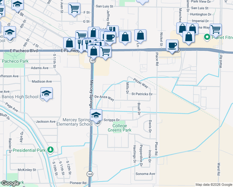 map of restaurants, bars, coffee shops, grocery stores, and more near 1740 Columbia Drive in Los Banos