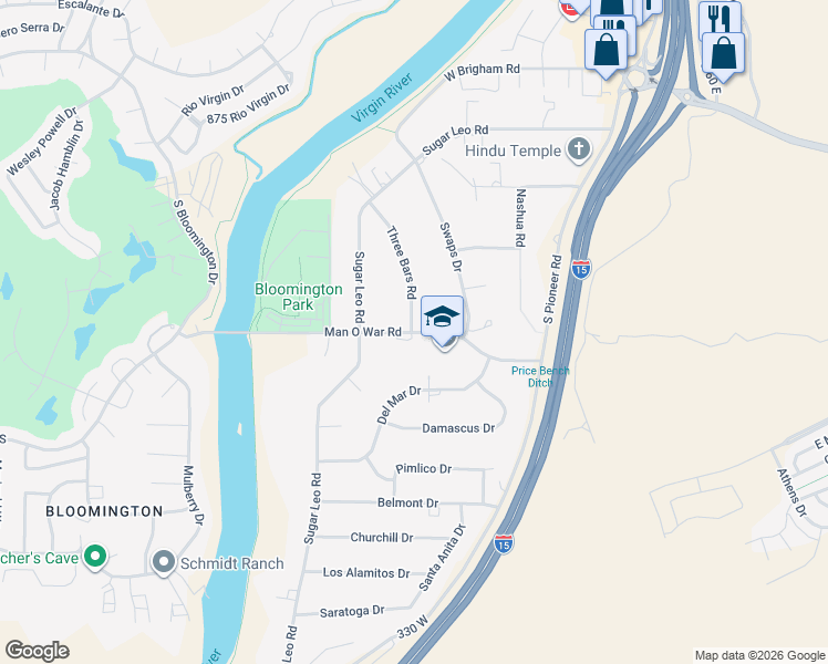 map of restaurants, bars, coffee shops, grocery stores, and more near 347 Man O War Rd in St George