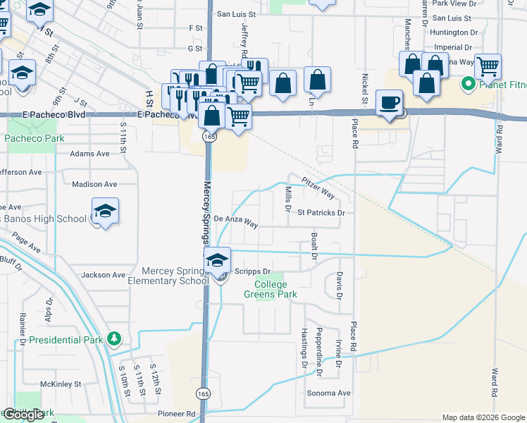 map of restaurants, bars, coffee shops, grocery stores, and more near 1740 Columbia Drive in Los Banos
