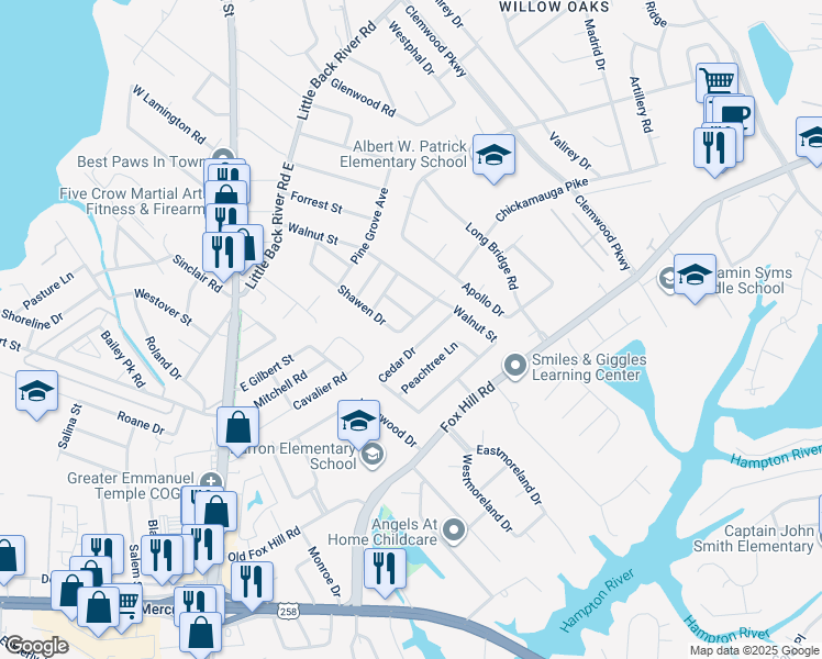 map of restaurants, bars, coffee shops, grocery stores, and more near 334 Shawen Drive in Hampton