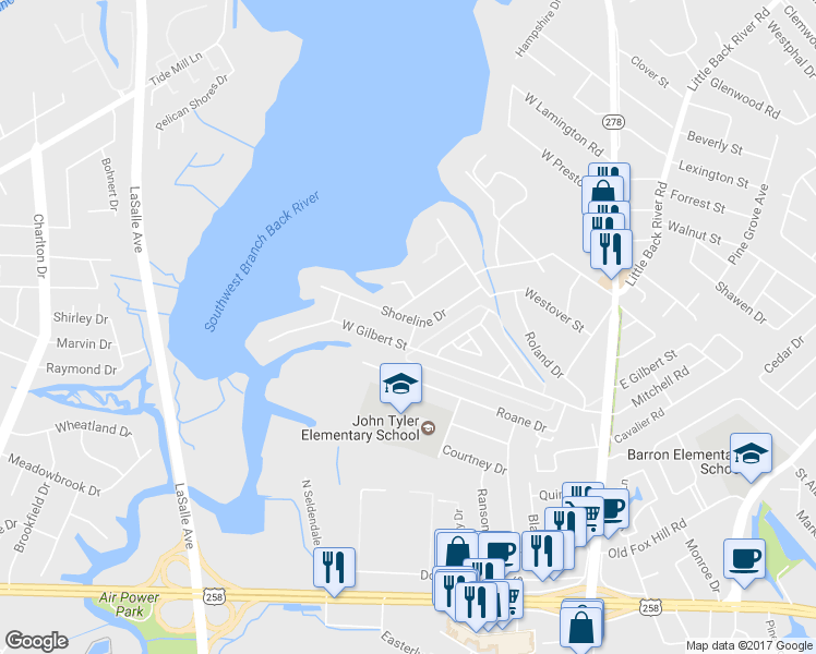 map of restaurants, bars, coffee shops, grocery stores, and more near 401 Shoreline Drive in Hampton