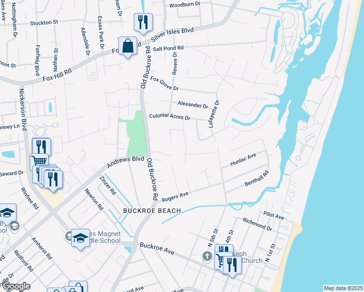 map of restaurants, bars, coffee shops, grocery stores, and more near 22 Fields Drive in Hampton