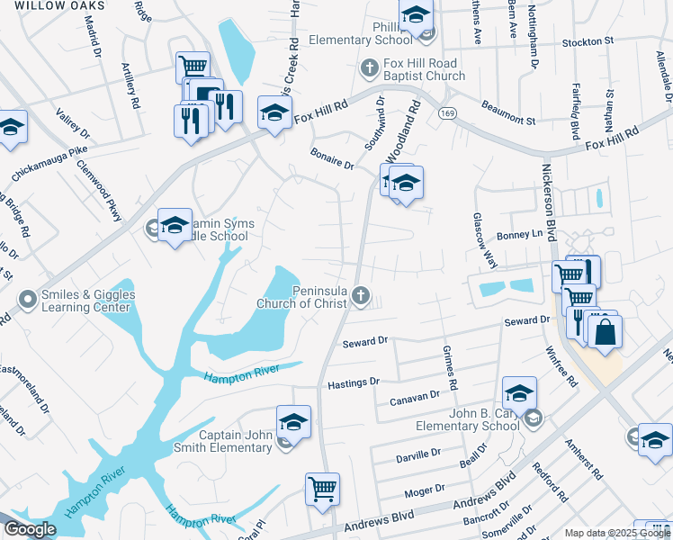 map of restaurants, bars, coffee shops, grocery stores, and more near 353 Agecroft Court in Hampton