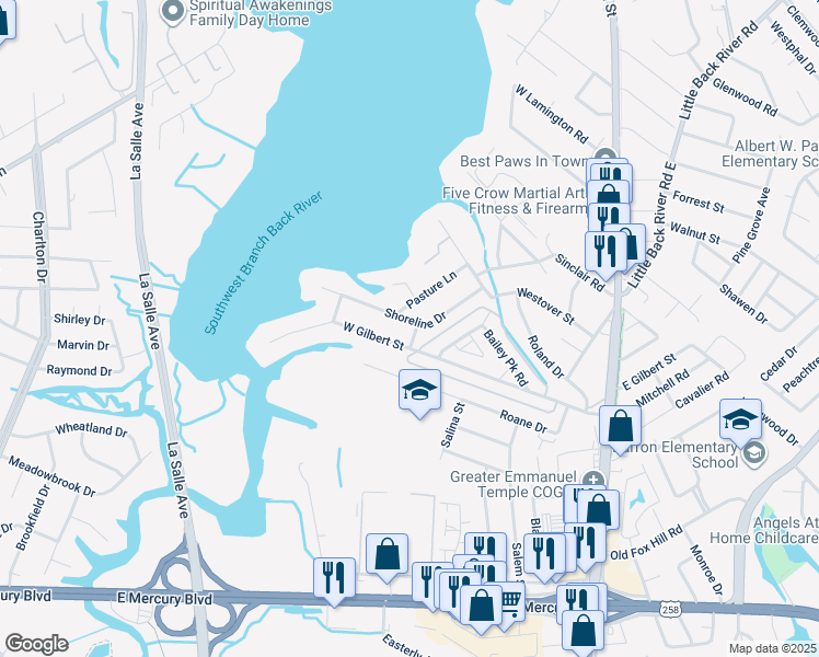 map of restaurants, bars, coffee shops, grocery stores, and more near 401 Shoreline Drive in Hampton