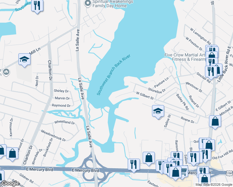 map of restaurants, bars, coffee shops, grocery stores, and more near 19 Eagle Point Road in Hampton