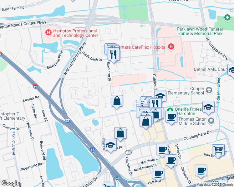 map of restaurants, bars, coffee shops, grocery stores, and more near 2214 Executive Drive in Hampton