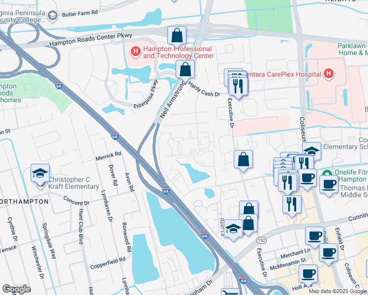 map of restaurants, bars, coffee shops, grocery stores, and more near 64 Wells Court in Hampton