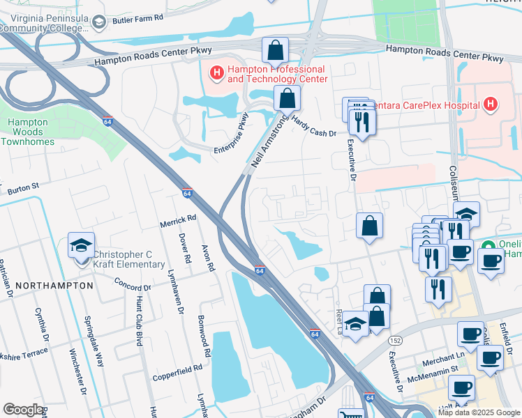 map of restaurants, bars, coffee shops, grocery stores, and more near 3 Cape Dorey Drive in Hampton