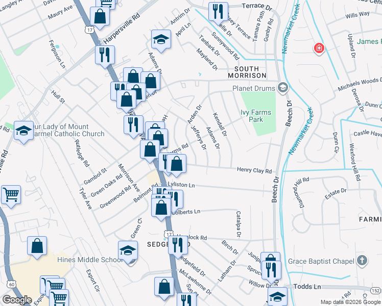 map of restaurants, bars, coffee shops, grocery stores, and more near 117 Henry Clay Road in Newport News