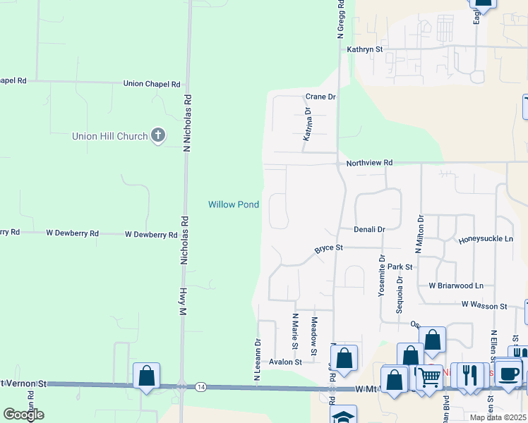 map of restaurants, bars, coffee shops, grocery stores, and more near 434 North Bonda Way in Nixa