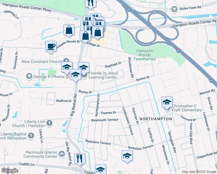 map of restaurants, bars, coffee shops, grocery stores, and more near 808 Burton Street in Hampton