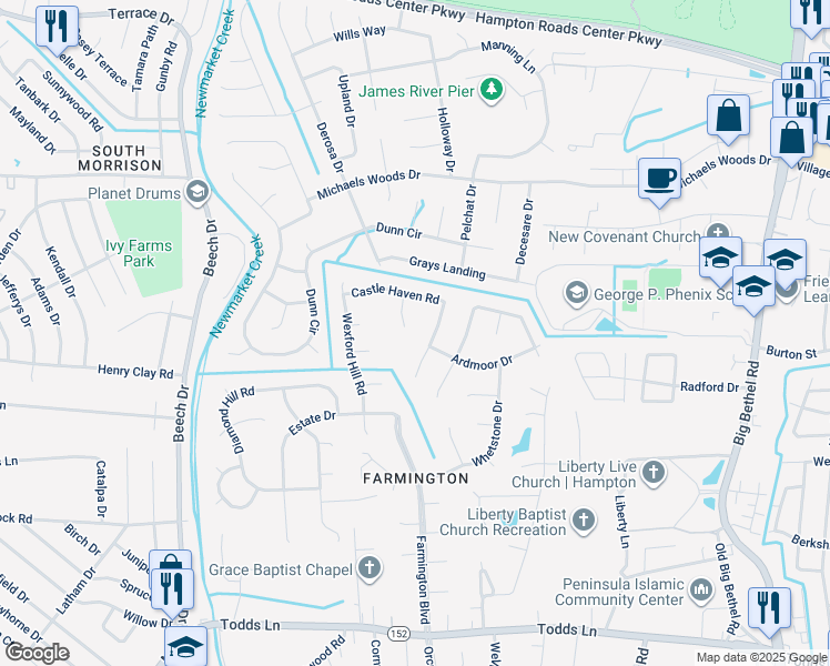map of restaurants, bars, coffee shops, grocery stores, and more near 11 Naturewood Circle in Hampton