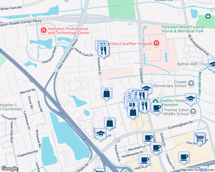 map of restaurants, bars, coffee shops, grocery stores, and more near 2220 Executive Drive in Hampton