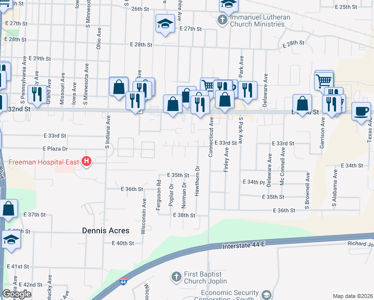 map of restaurants, bars, coffee shops, grocery stores, and more near 3367 Norman Drive in Joplin